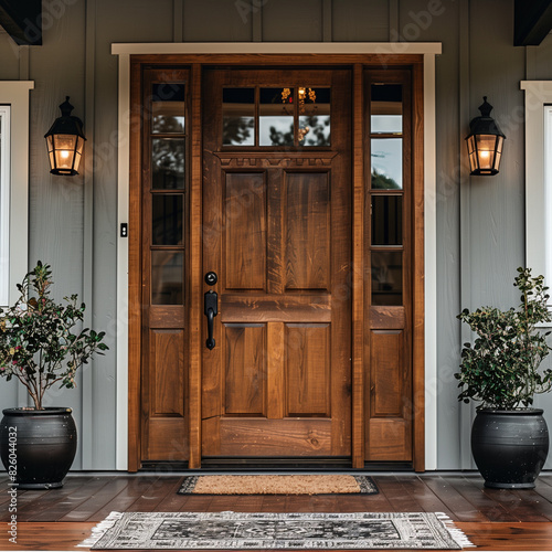 there is a wooden door with two planters on the front porch