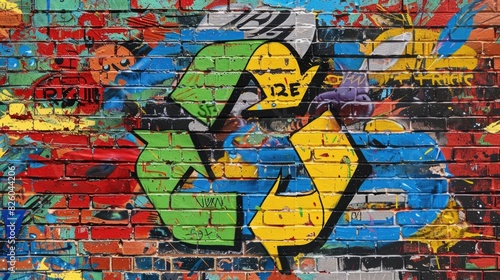 Colorful Pop Art Comic Street Graffiti Featuring a Recycle Sign on a Brick Wall, Highlighting Global Warming Awareness 