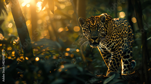 A leopard is walking through the jungle photo
