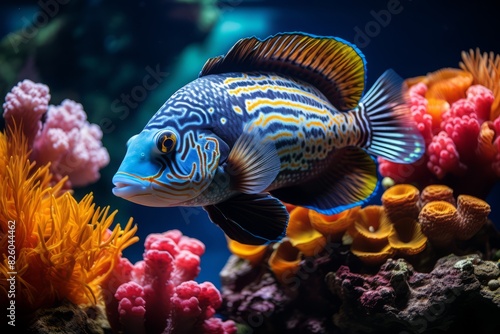 In the aquarium, a vibrant fish gracefully moves among coral reefs