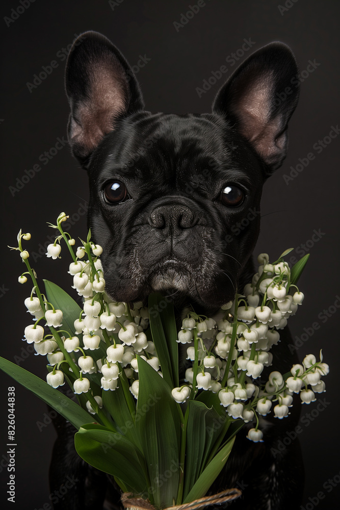 there is a black dog with a bouquet of flowers in its mouth