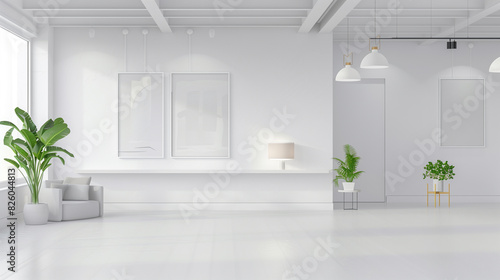 there is a white room with a plant and a table photo