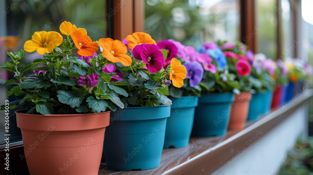 neatly arranged colorful flower pots on balcony, urban gardening with small tools a vibrant concept for small spaces