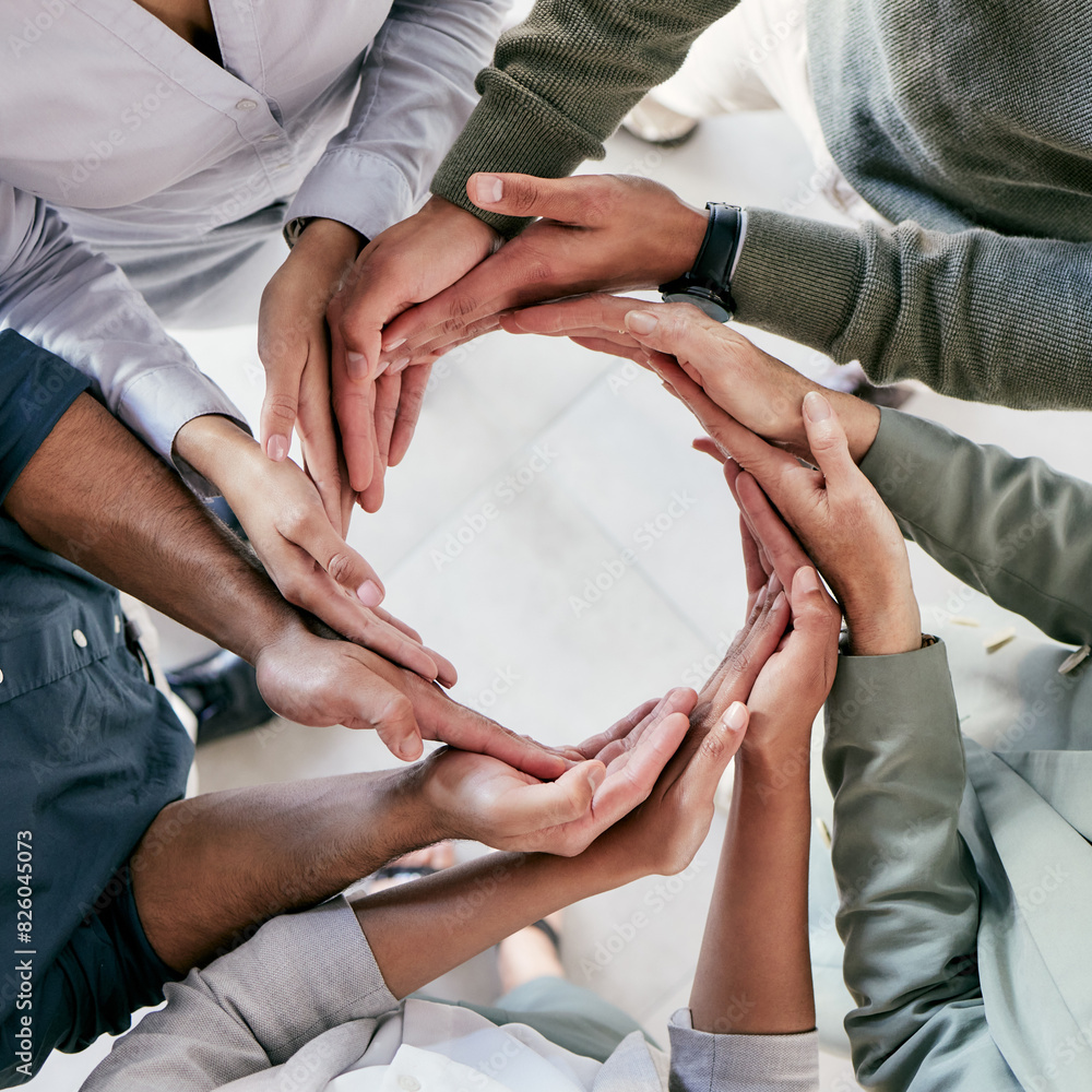 Teamwork, business people and hands in circle for diversity, support and solidarity in office. Synergy, collaboration and cooperation for motivation, goal and integration of corporate by top view Teamwork, business people and hands in circle for diversity, support and solidarity in office. Synergy, collaboration and cooperation for motivation, goal and integration of corporate by top view