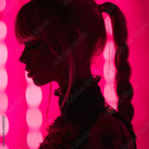 blond woman with ponytail in front of pink light