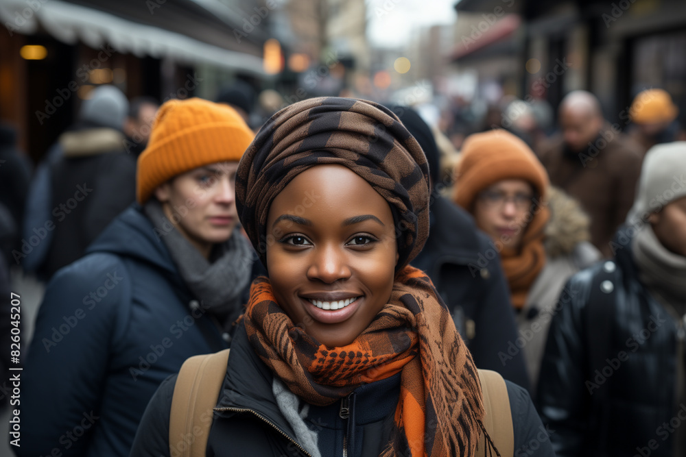 there is a woman that is smiling and wearing a scarf