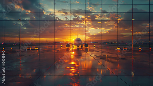 arafied airplane on tarmac with reflection of sunset in window photo