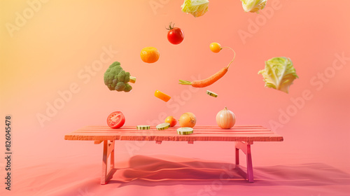 there is a table with a lot of vegetables and fruits flying around photo