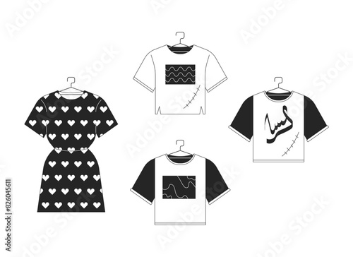 New and repaired clothes black and white 2D line cartoon objects set. Clothing reusing to reduce consumption isolated vector outline item. Fast fashion monochromatic flat spot illustrations
