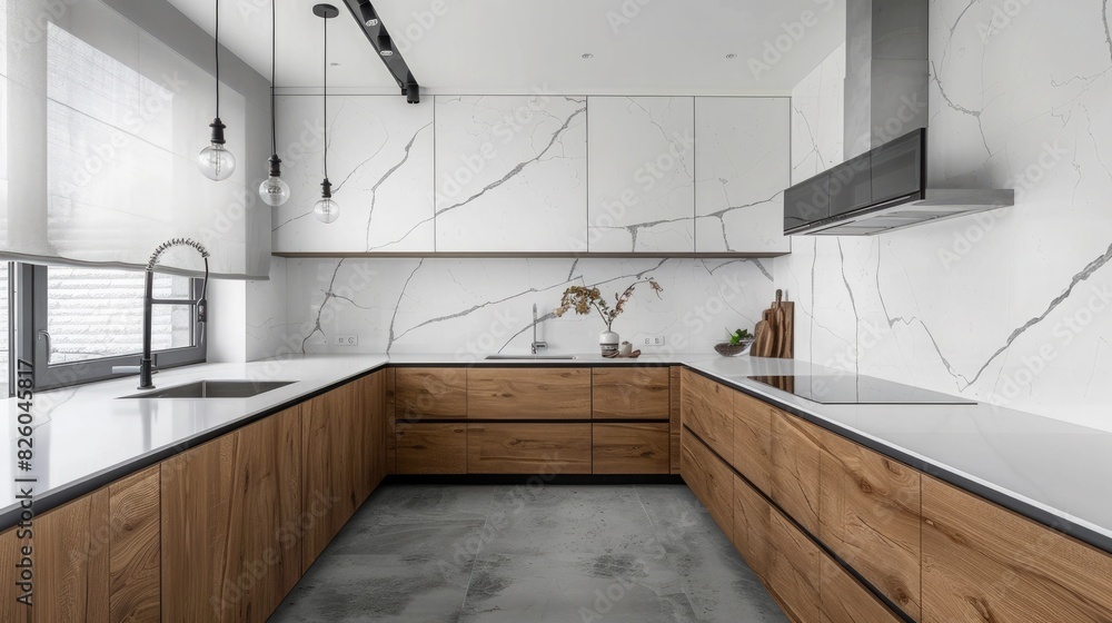 Modern kitchen with an elegant design Clean lines and luxurious furniture Modern kitchen with an elegant design Clean lines and luxurious furniture