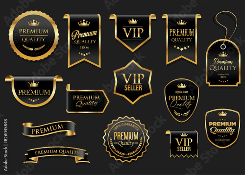 Golden luxury labels and badges gold premium quality certificate ribbons vector illustration