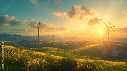 arafed view of a field of grass with wind turbines in the background photo