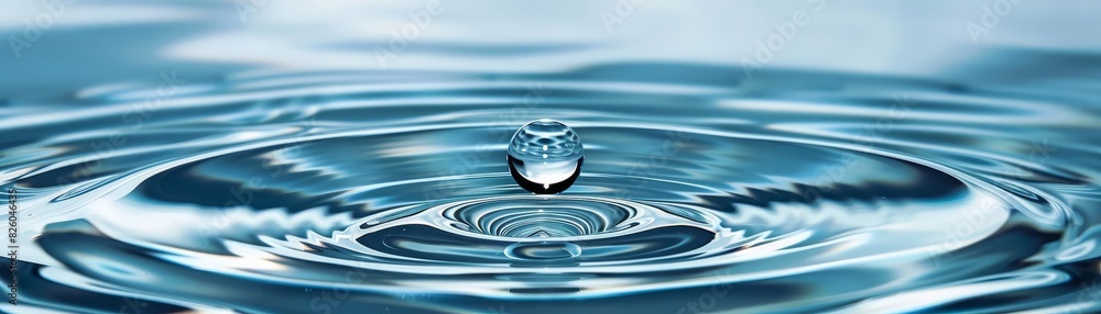 Artistic view of water dynamics, droplet forming symmetric ripples, ideal for scientific and nature studies