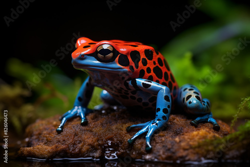 brightly colored frog sitting on a rock in the water