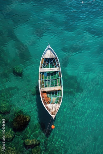 Wooden boat floats serenely on river, surrounded by blue water and nature's tranquility