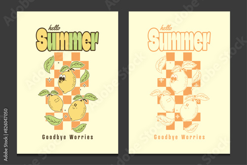 Retro posters, retro summer poster or graphic t-shirt template with lemon mascot character, vector illustration