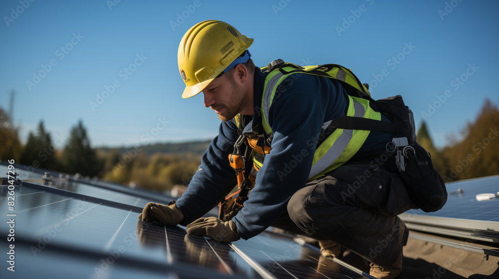 arafed worker installing solar panels on a roof in a forest