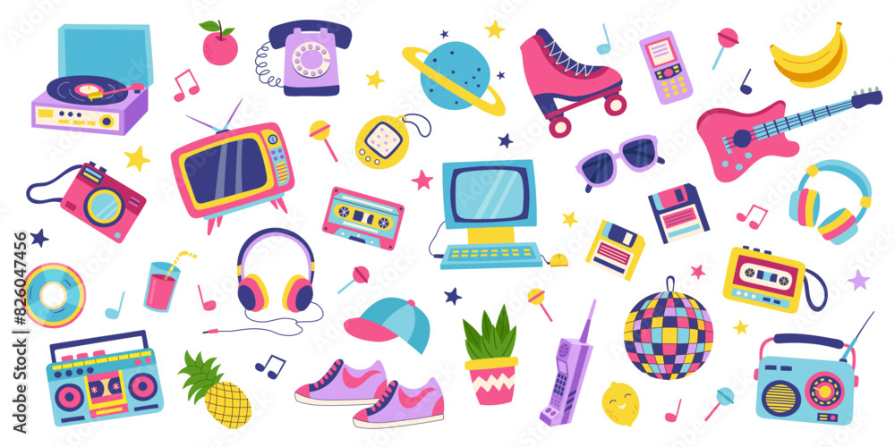 90s retro elements set. Concept of 90s. Stickers. Y2K, 2000s, 80s retro elements set. 90s retro elements set. Concept of 90s. Stickers. Y2K, 2000s, 80s retro elements set.