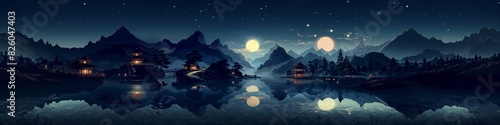 night scene of a lake with a mountain and a house in the distance photo