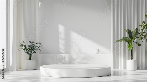 White Podium with a Clean Scandinavian Living Room Background  front view focus ideal for luxury lifestyle product display stage sleek podium  abstract  stand  scene  geometric  showcase minimalist