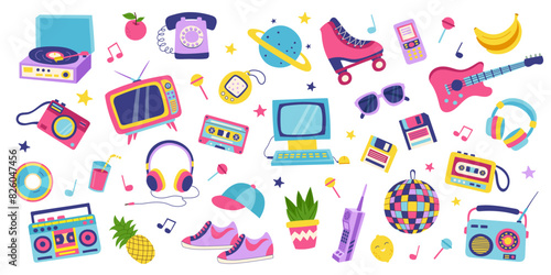 90s retro elements set. Concept of 90s. Stickers. Y2K, 2000s, 80s retro elements set.