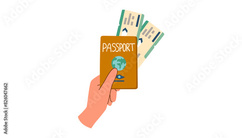 Summer vacation plane tickets and passport in the hand isolated on white. Travel concept. Hand drawn illustration in flat style.