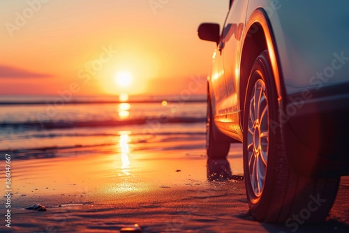 Beach sunset drive with a car © ffunn