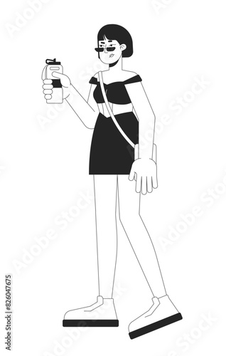 Sulking japanese woman holding bottle black and white 2D line cartoon character. Asian female with water isolated vector outline person. Thirst problem monochromatic flat spot illustration