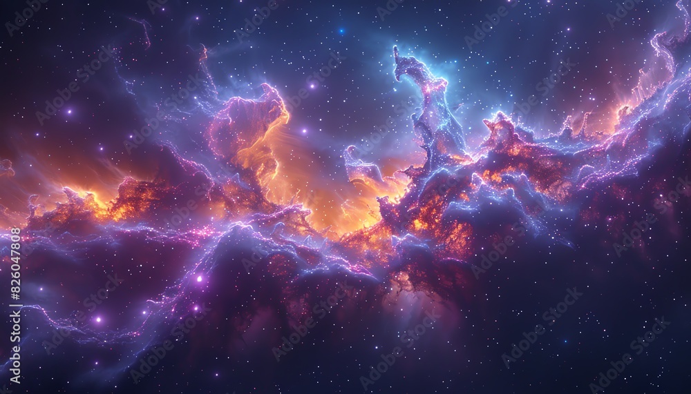 Vibrant nebula with swirling clouds of gas and dust, illuminated by distant stars. Vibrant nebula with swirling clouds of gas and dust, illuminated by distant stars.