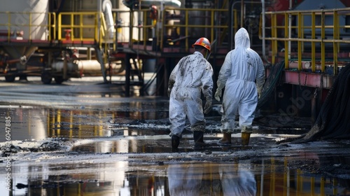 Workers in protective suits clean up a spill at an oil spill response facility preventing environmental damage.