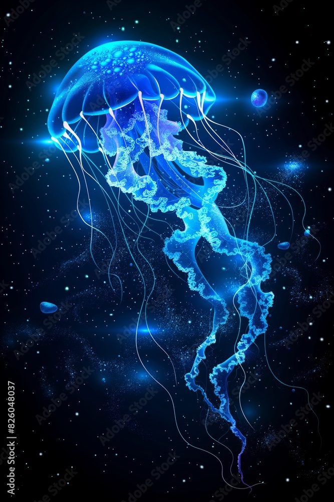 Digital art illustration style with the beauty of deep sea creatures, like jellyfish and sardines, in neon blue light. In cosmic space, with Earth's silhouette glowing against stars. AI Generative. Digital art illustration style with the beauty of deep sea creatures, like jellyfish and sardines, in neon blue light. In cosmic space, with Earth's silhouette glowing against stars. AI Generative.