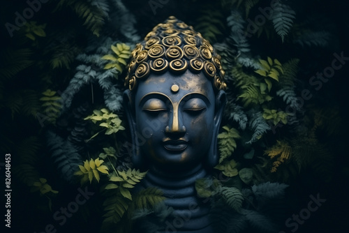 there is a statue of a buddha head surrounded by plants