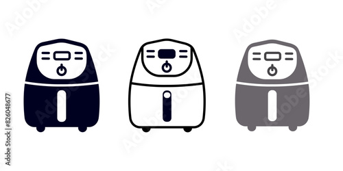 Air Fryer Icons, Set for kitchen vector sign isolated on white background. Line, glyph, color.