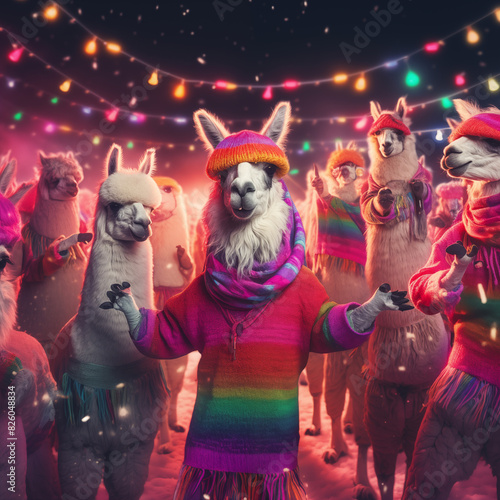 llamas dressed in colorful clothing and hats are standing in a line