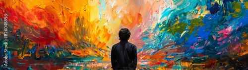 Back view of a painter against a burst of multicolor abstract art, dynamic and creative scene