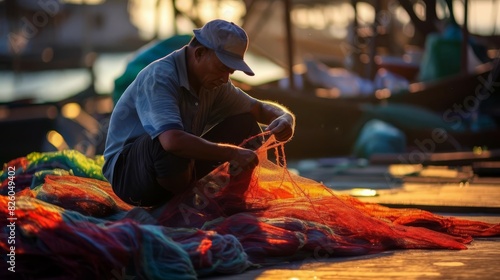 A fisherman mending fishing nets on a dock, focus on, craftsmanship and maintenance, vibrant, Multilayer, dockside backdrop photo