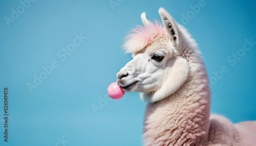 Fluffy adorable lama blowing bubblegum on light blue background. Generative ai