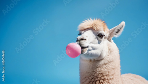 Fluffy adorable lama blowing bubblegum on light blue background. Generative ai
