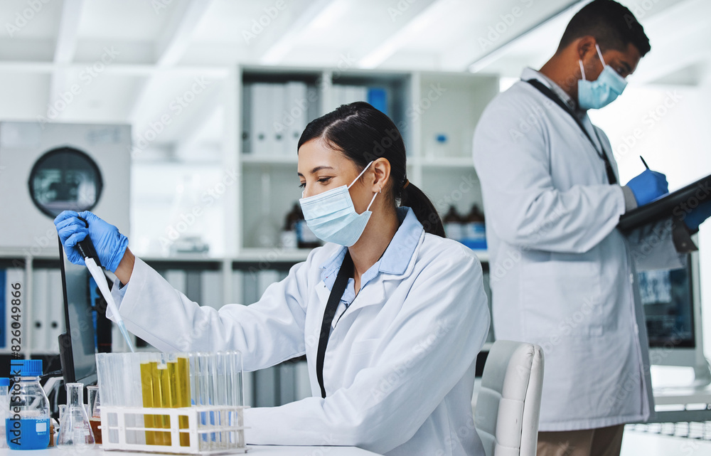 People, face mask and science or research team, medical laboratory and innovation or healthcare employee. Vaccine, pharmaceutical study and chemical experiment, test tube and scientists with lab coat People, face mask and science or research team, medical laboratory and innovation or healthcare employee. Vaccine, pharmaceutical study and chemical experiment, test tube and scientists with lab coat
