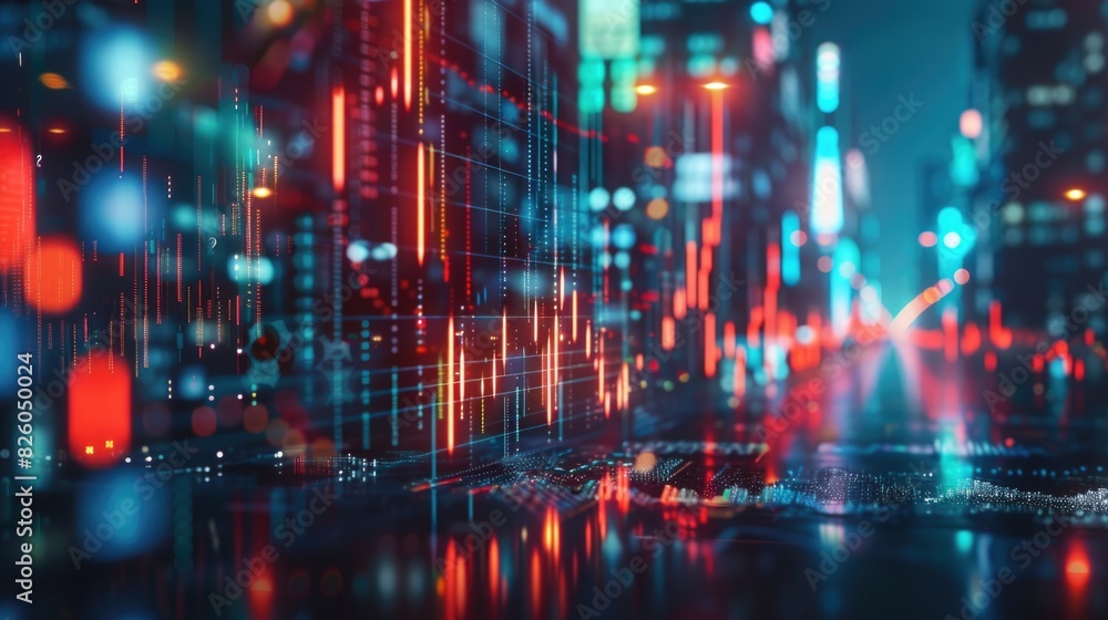 Futuristic Cityscape with Digital Financial Graph Overlay Illustrating Stock Market Trends Futuristic Cityscape with Digital Financial Graph Overlay Illustrating Stock Market Trends