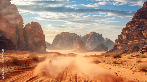 dirt road in the desert with rocks and sand blowing up