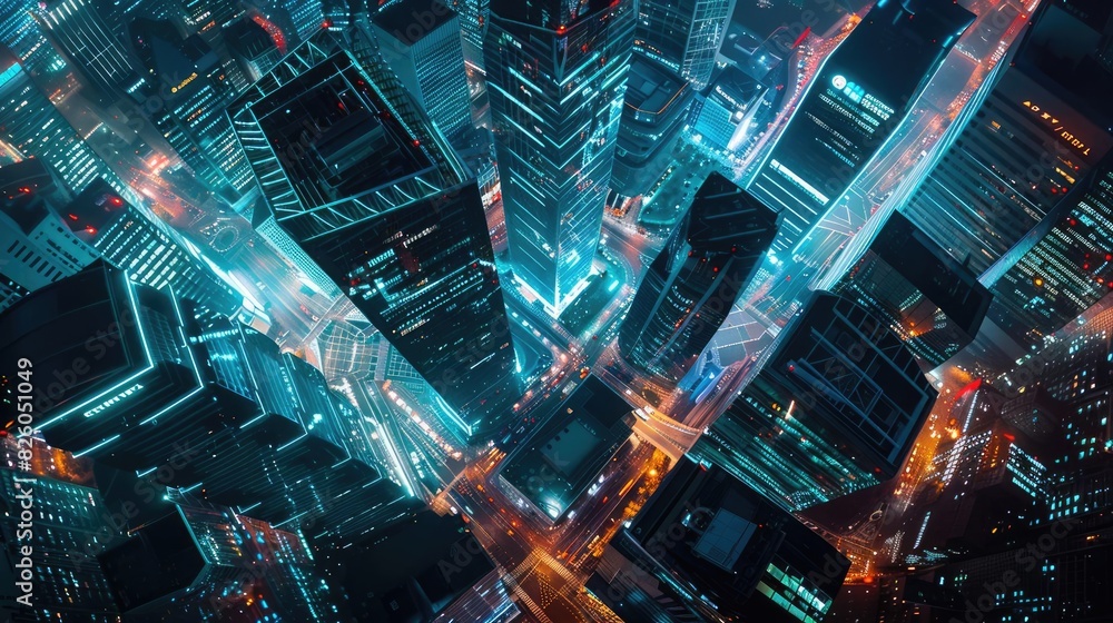 Stunning aerial view of illuminated skyscrapers and bustling city streets at night, showcasing the vibrant urban life and modern architecture.