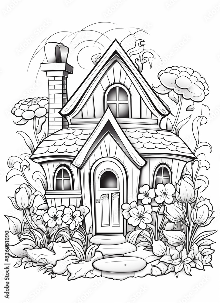a black and white drawing of a house with flowers and a bird