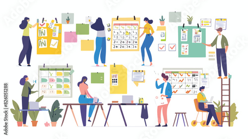 People organize work planning tasks with calendar 