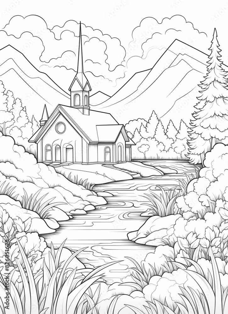 a black and white drawing of a church in the mountains