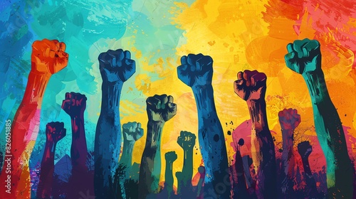 Racial justice, unity symbols, powerful slogans, dynamic composition