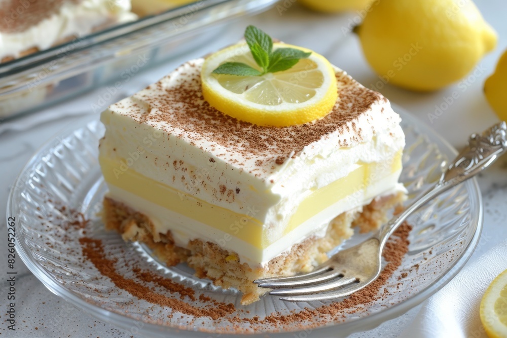 lemon tiramisu no-bake layered summer dessert on a glass plate with fork lemon tiramisu no-bake layered summer dessert on a glass plate with fork