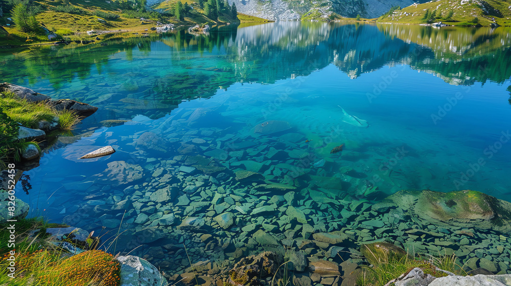 A mountain lake with crystal clear blue water
