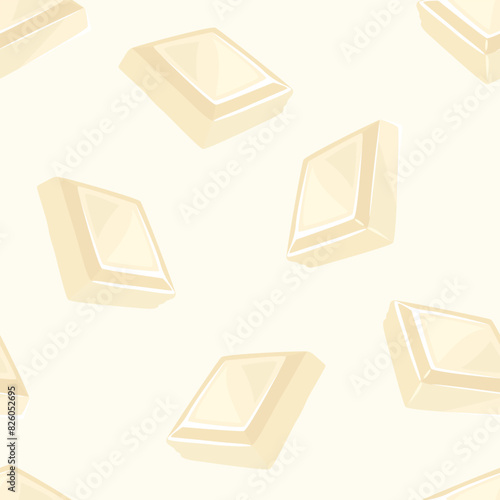 White chocolate seamless pattern. Pieces of chocolate on light background. Vector cartoon flat illustration.