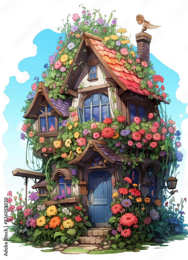 cartoon house with flowers and a bird on the roof